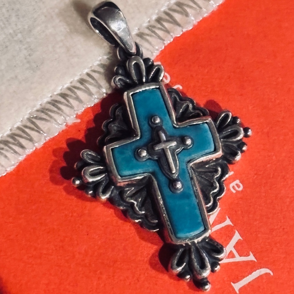 NEW JAMES AVERY RETIRED 3D FOLK CROSS TURQUOISE PENDANT. Not worn circa pre2000
